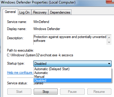 disable windows defender services