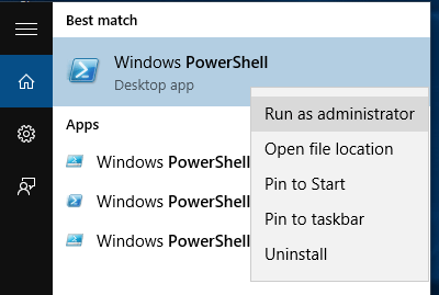open powershell using Windows search