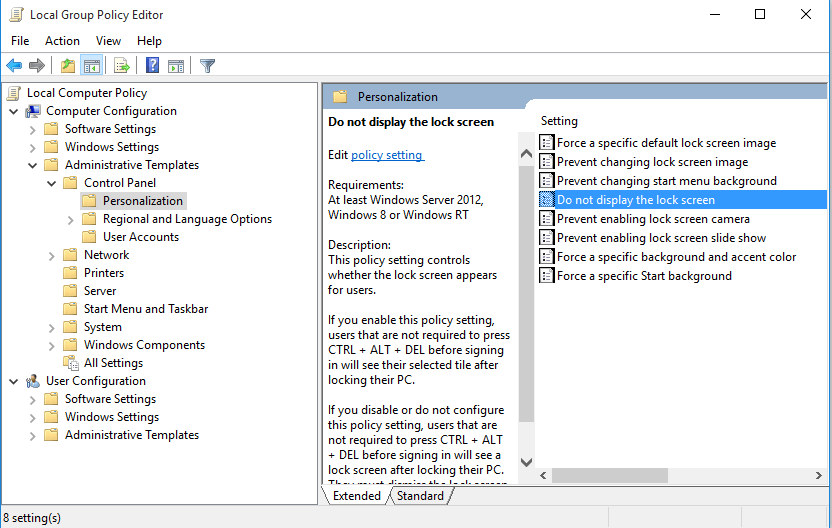 do not display lock screen in Group policy editor