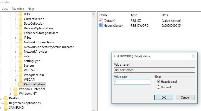 add NoLockScreen to Windows registry