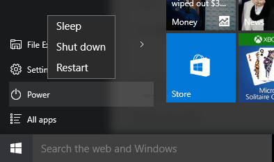 shutdown restart option at windows 10 start button