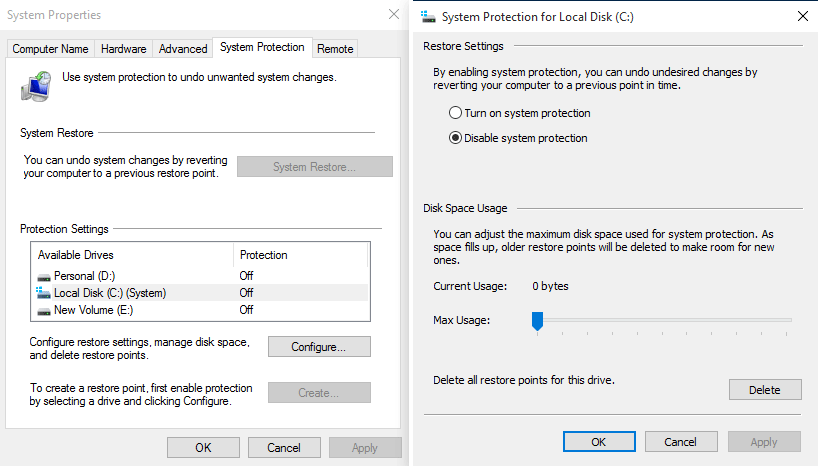 turn off system protection of Windows installation drive