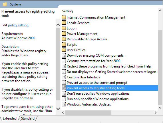 prevent access to registry editing tool in windows