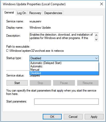 disable update service windows 10