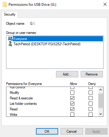 read only permissions for USB