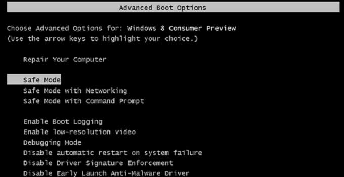 safe mode in advance boot option