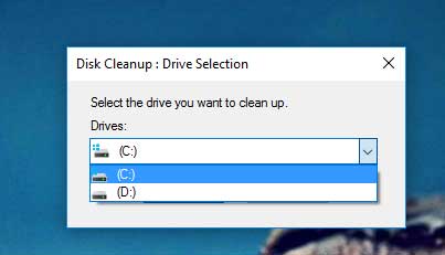 drive selection for disk cleanup windows 10