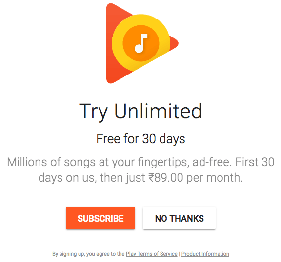 Subscribe to Google Play Music in India