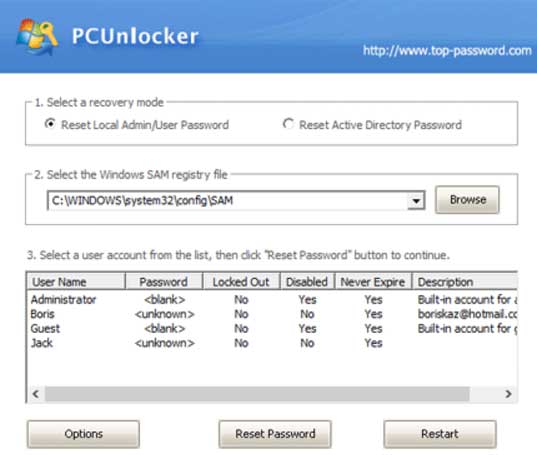 reset or bypass login password of Windows 10 with PCUnlocker software