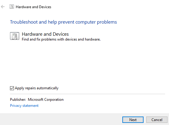 windows automatic troubleshooter to fix hardware and devices problems