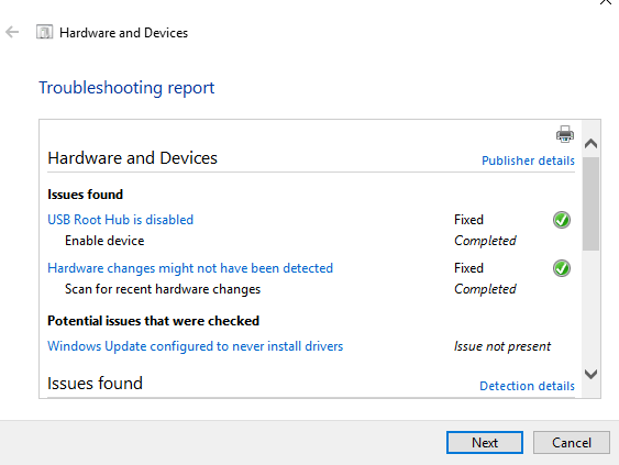 troubleshooting report for windows hardware and devices problems