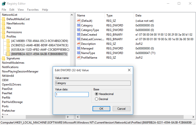 change network location in Windows 10 in registry editor