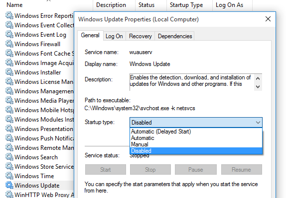 Windows update service setting configuration