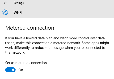 change Windows 10 network connection type to metered connection to stop automatic Windows updates