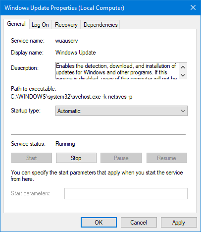 Check Windows Update service in Services Panel