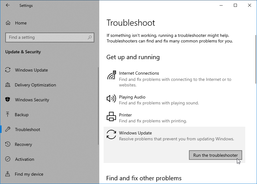 Run Windows Update Troubleshooter in Windows 10