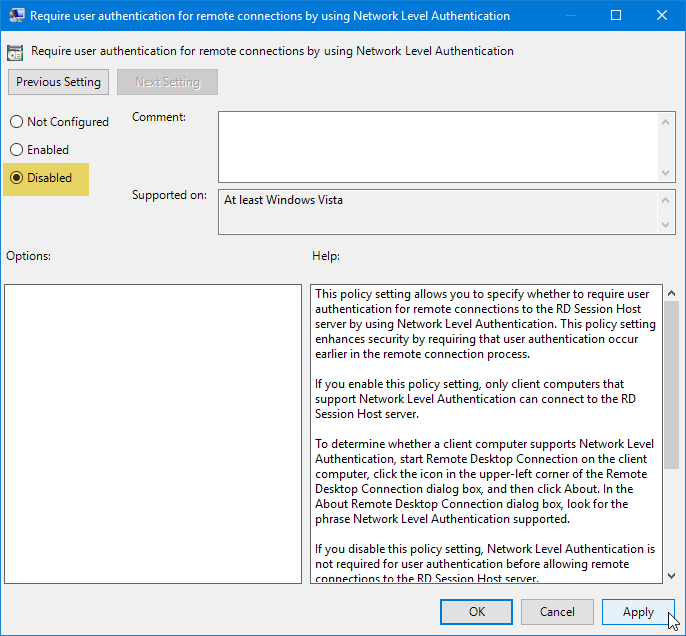Disable NLA using Group Policy Editor