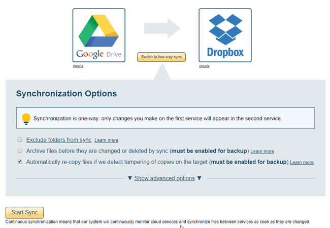 Google Drive to Dropbox transfer files using CloudHQ