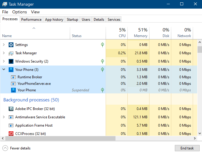 YourPhone.exe program is running in Task Manager process list of Windows 10