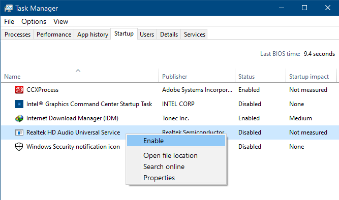 enable auto-start for Windows Realtek HD Audio Service