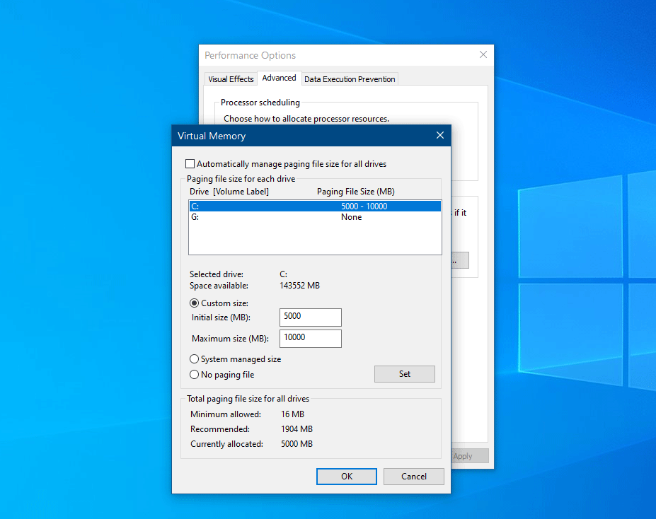 increase the size of Virtual memory in Windows 10 