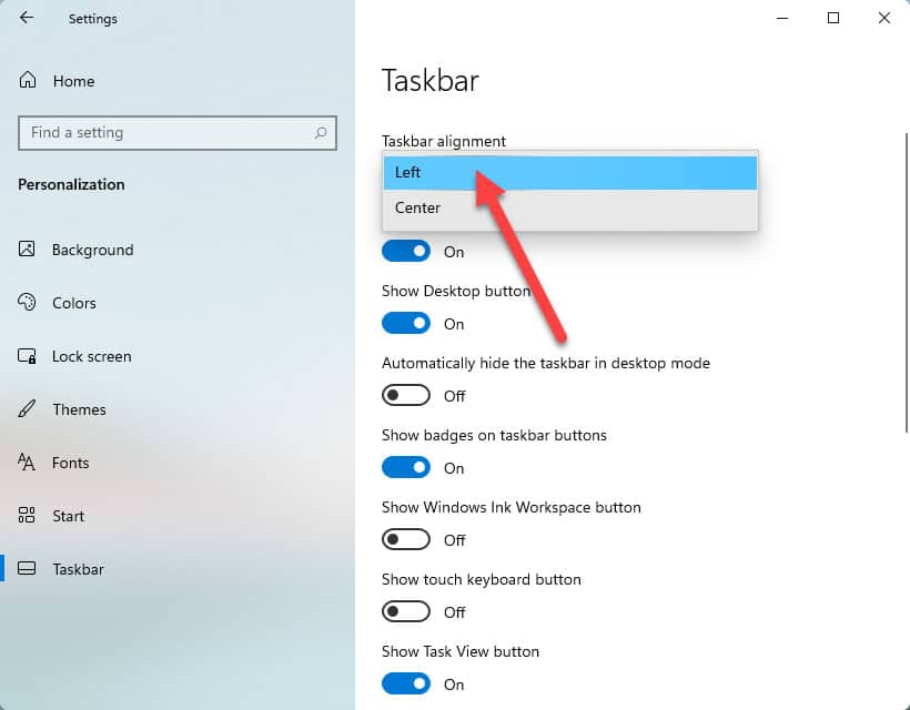 Windows 11 taskbar alignment change to left