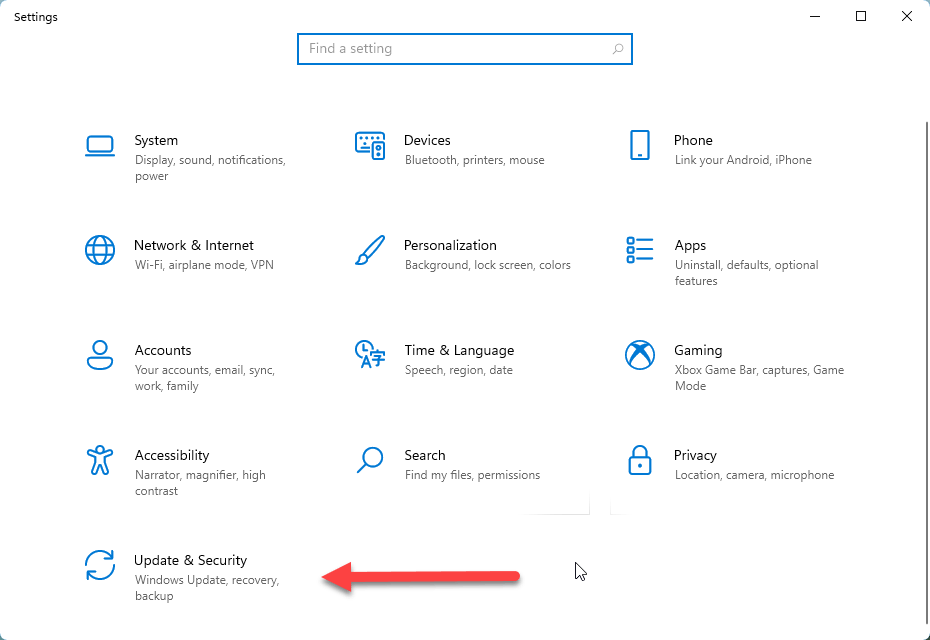 "Update & Security" settings of Windows 11